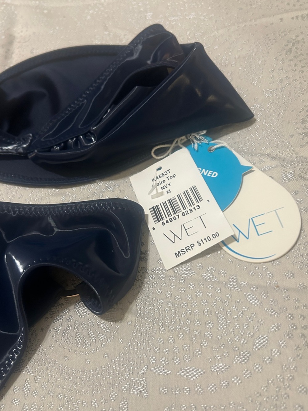 WET SWIMWEAR Off-Shoulder Ring Detail Latex Bikini in Navy Blue - Picture 7 of 9